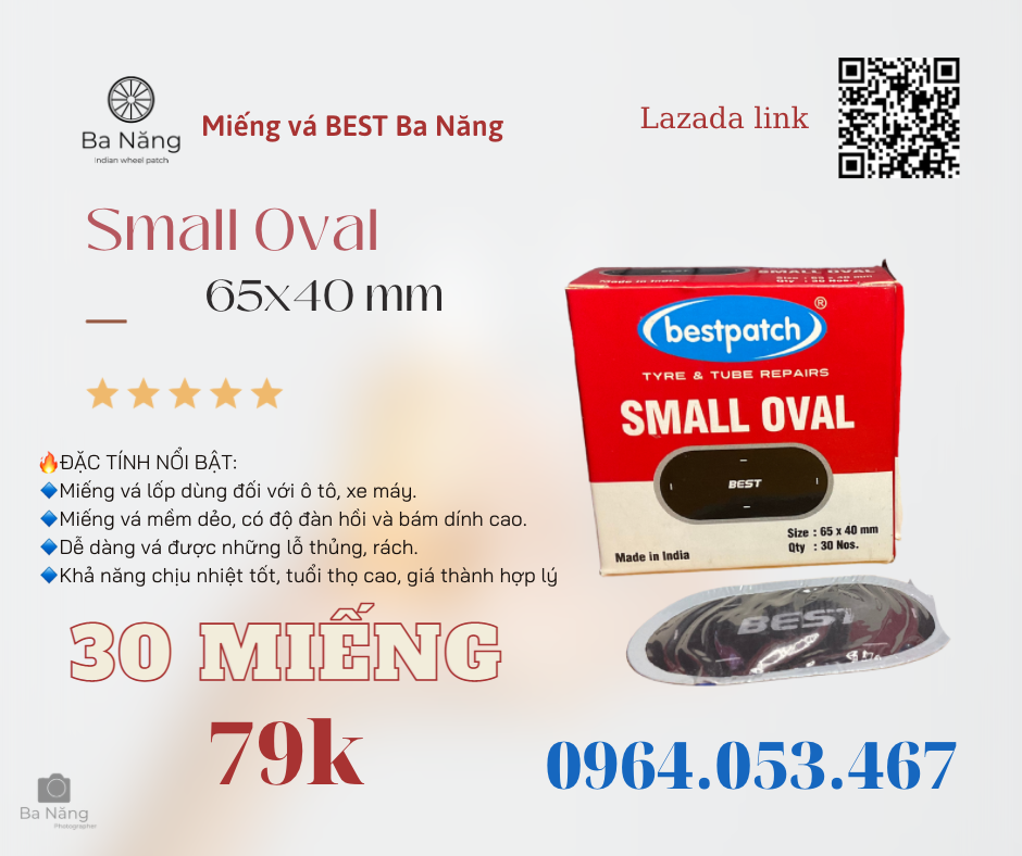 Miếng vá vỏ săm lốp xe máy, ôtô BEST hình Oval - 65x40mm