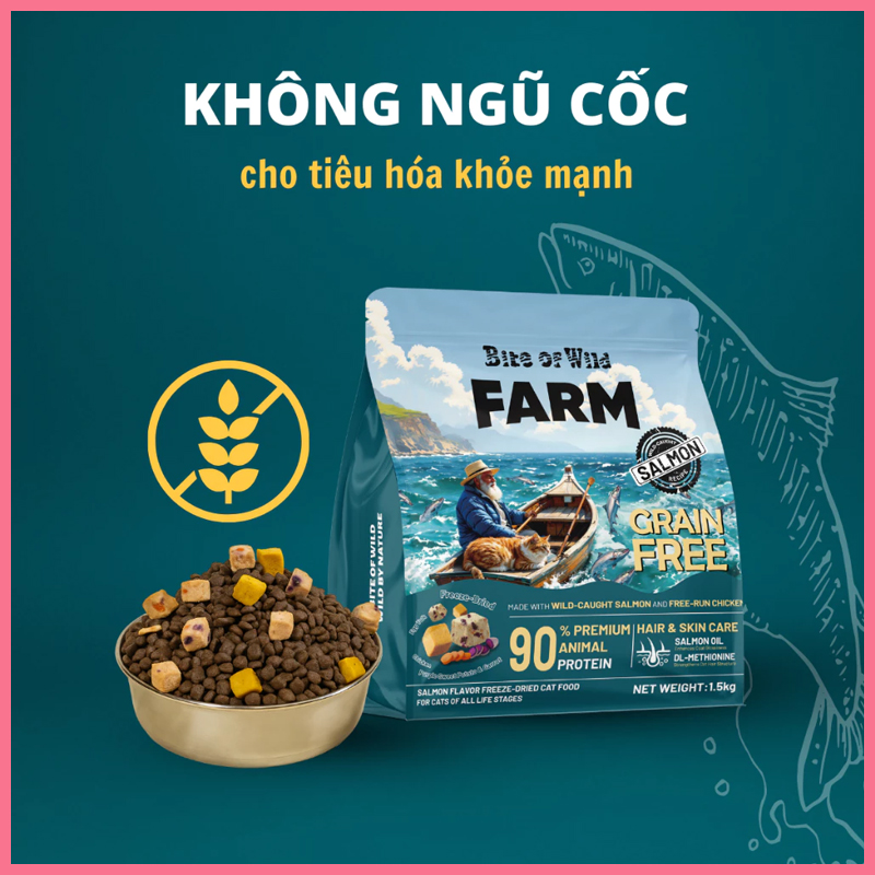 Hạt Bite Of Wild Farm túi 1.5kg mix topping thịt sấy - rau củ, không độn ngũ cốc, giàu đạm dành cho mèo