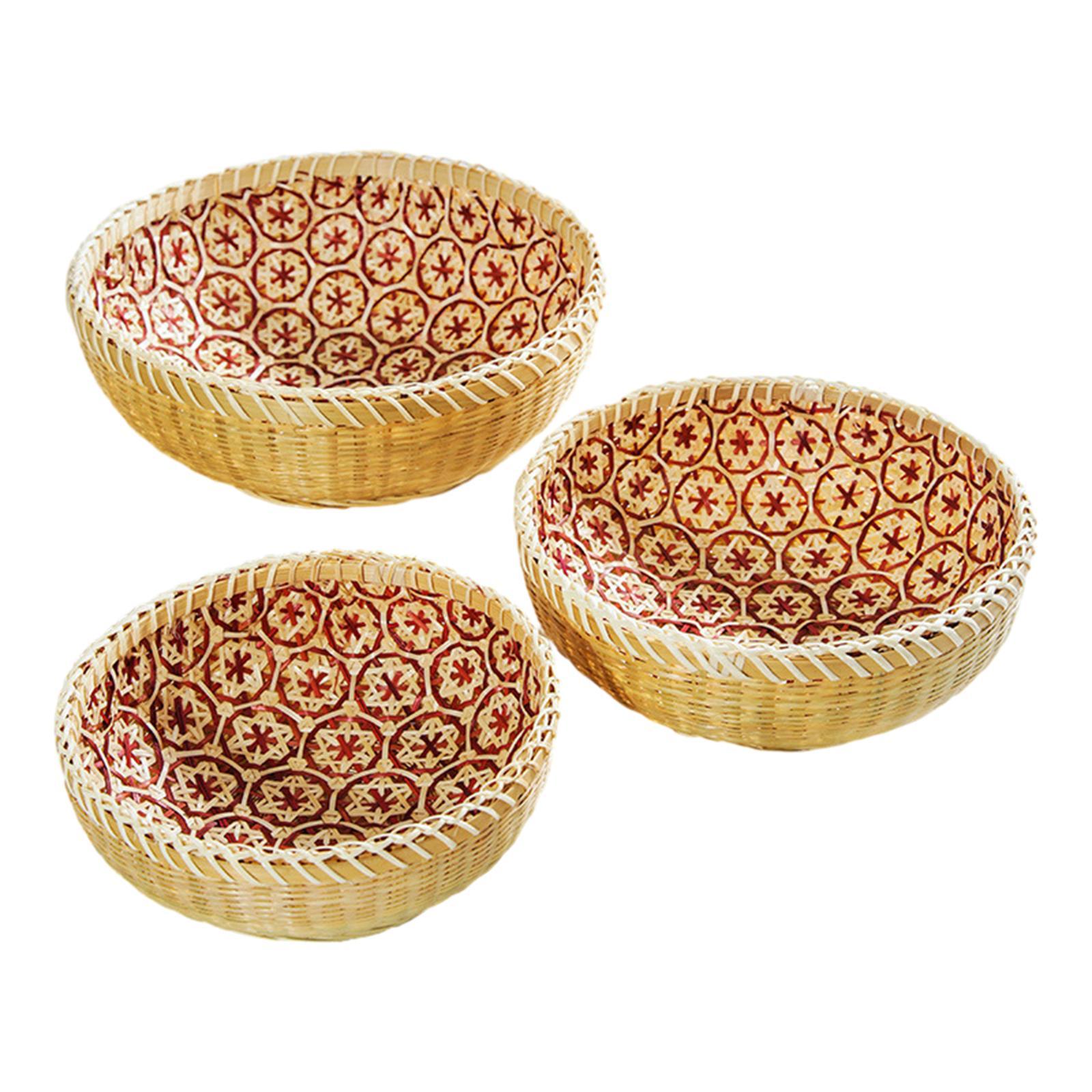 3x Bamboo Woven Basket Food Storage Tray Bread Basket Rattan Storage Basket