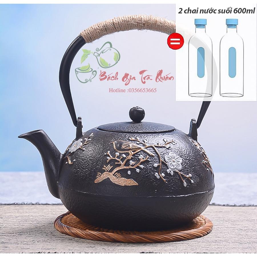 Ấm Gang Tetsubin - Quai Gang Quấn Dây Cói - Họa Tiết Én Báo xuân - Dung Tích 1200ml