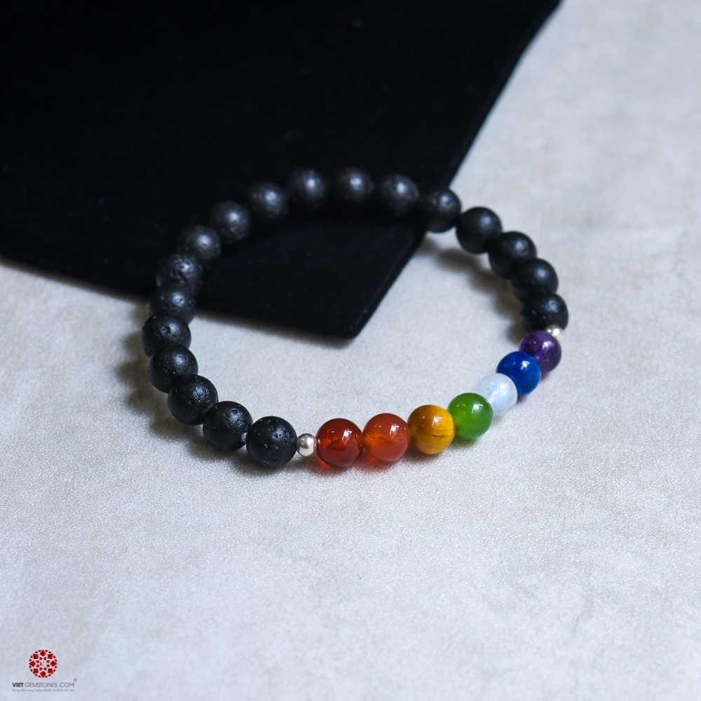 Vòng tay phong thủy đá Nham Thạch 7mm mix 7 màu đá luân xa | Giúp khai mở tâm linh, hỗ trợ thiền định | VietGemstones