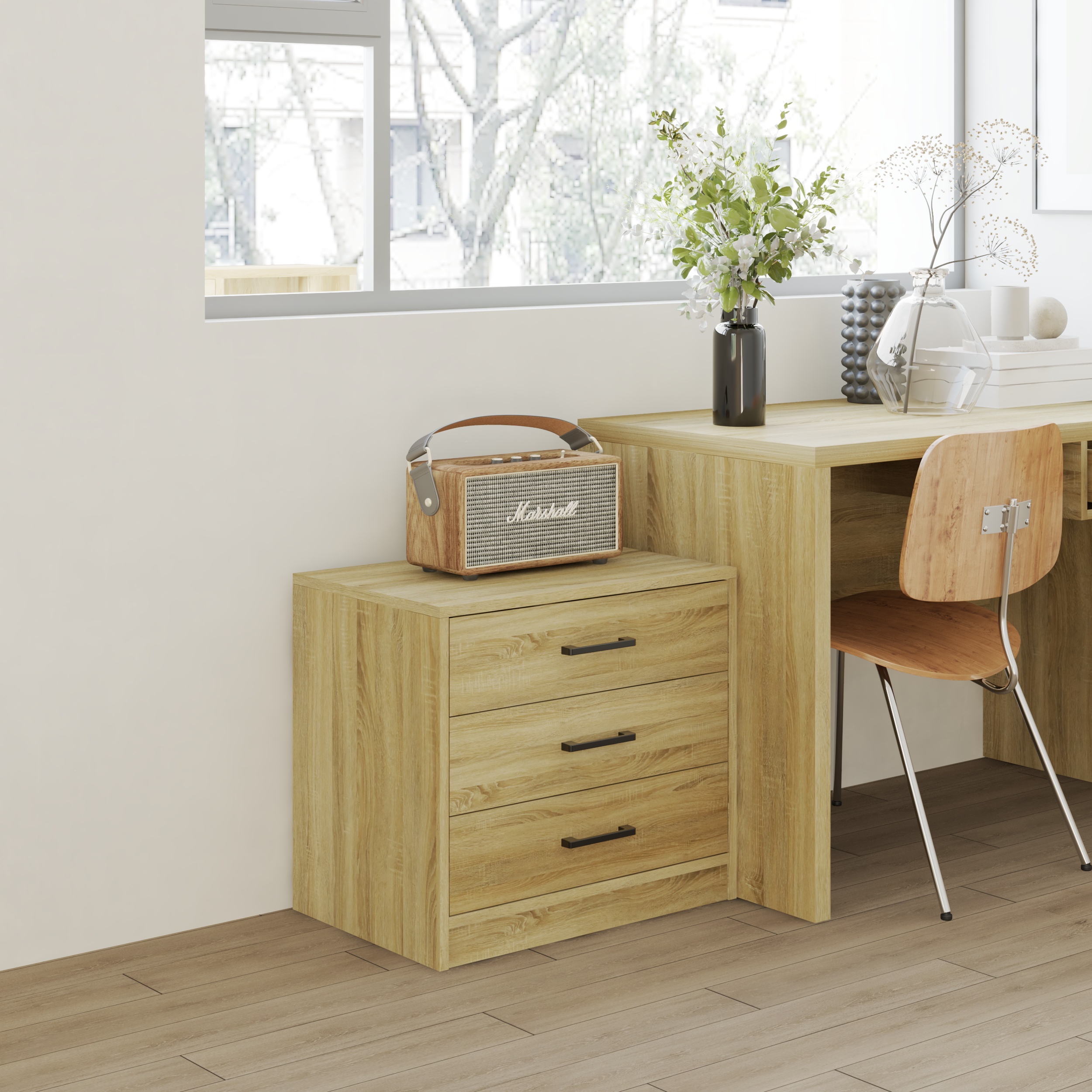 HAPPY FURNITURE , HEINEE - Táp đầu giường 3 ngăn kéo, THK_231 , 60cm x 40cm x 54cm DxRxC, sản phẩm phổ thông