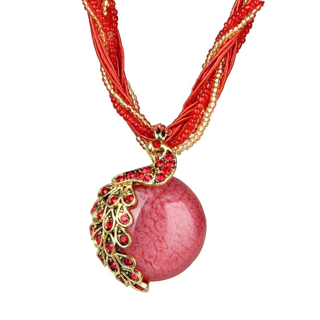 Bohemian Opal Necklace with Phoenix Peacock Pendant Jewel Accessory Red