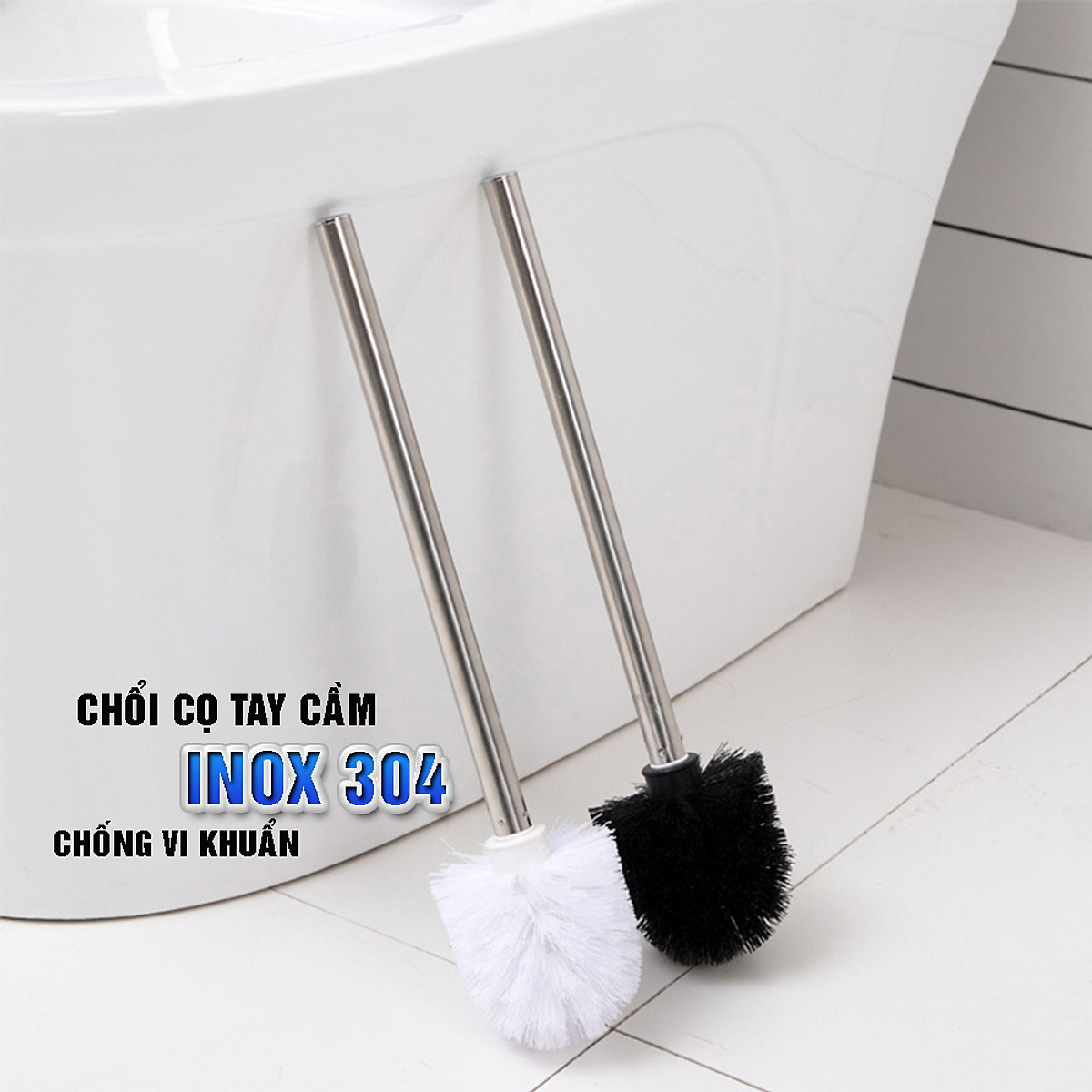 Bộ chổi cọ bồn cầu, toilet kèm giá đỡ dán tường Inox 304 cao cấp - Cây cọ vệ sinh kháng khuẩn sang trọng