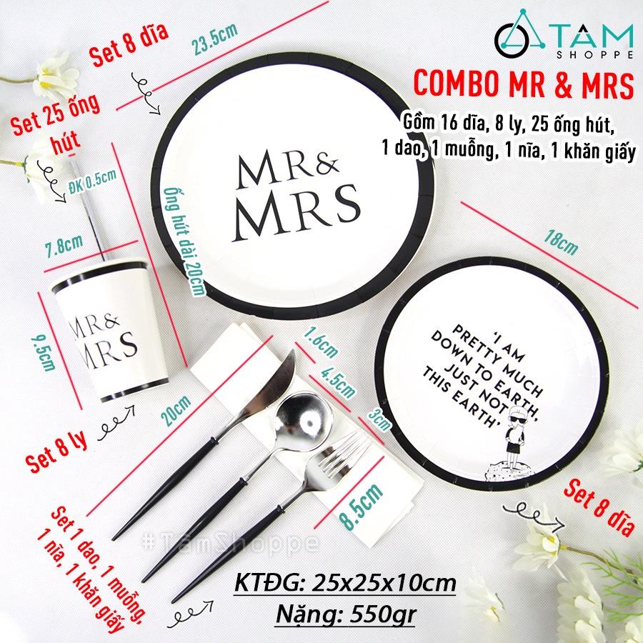 Set đồ giấy trang trí tiệc cưới Mr và Mrs màu trắng đen đơn giản SETDG-02