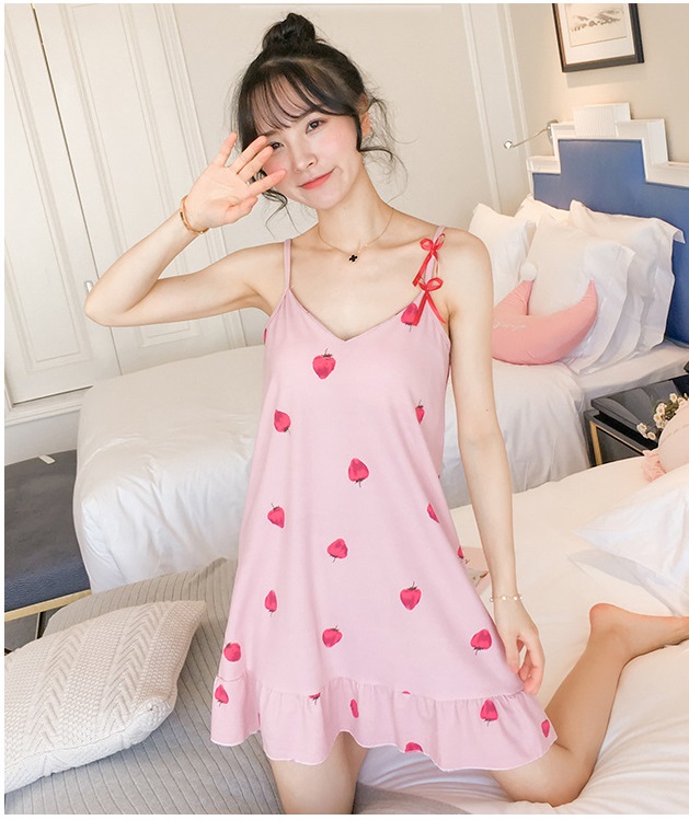 Váy ngủ, váy mặc nhà thiết kế 2 dây hồng cute Vn03