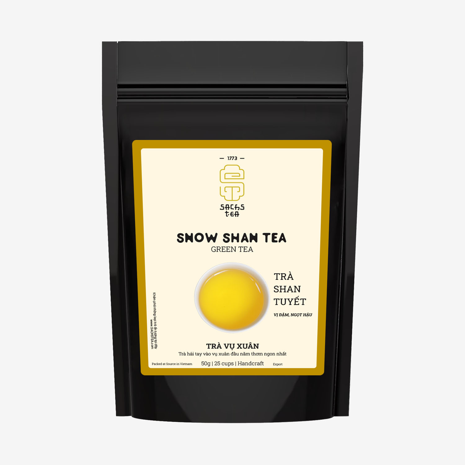 Trà xanh Shan Tuyết SACHS TEA 1773 chè hữu cơ vị nguyên bản túi 50g