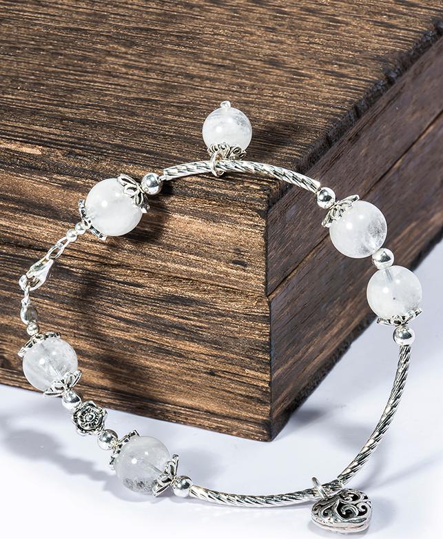 Vòng tay Thạch anh ưu linh trắng mix charm bạc BRGC08M02 VietGemstones