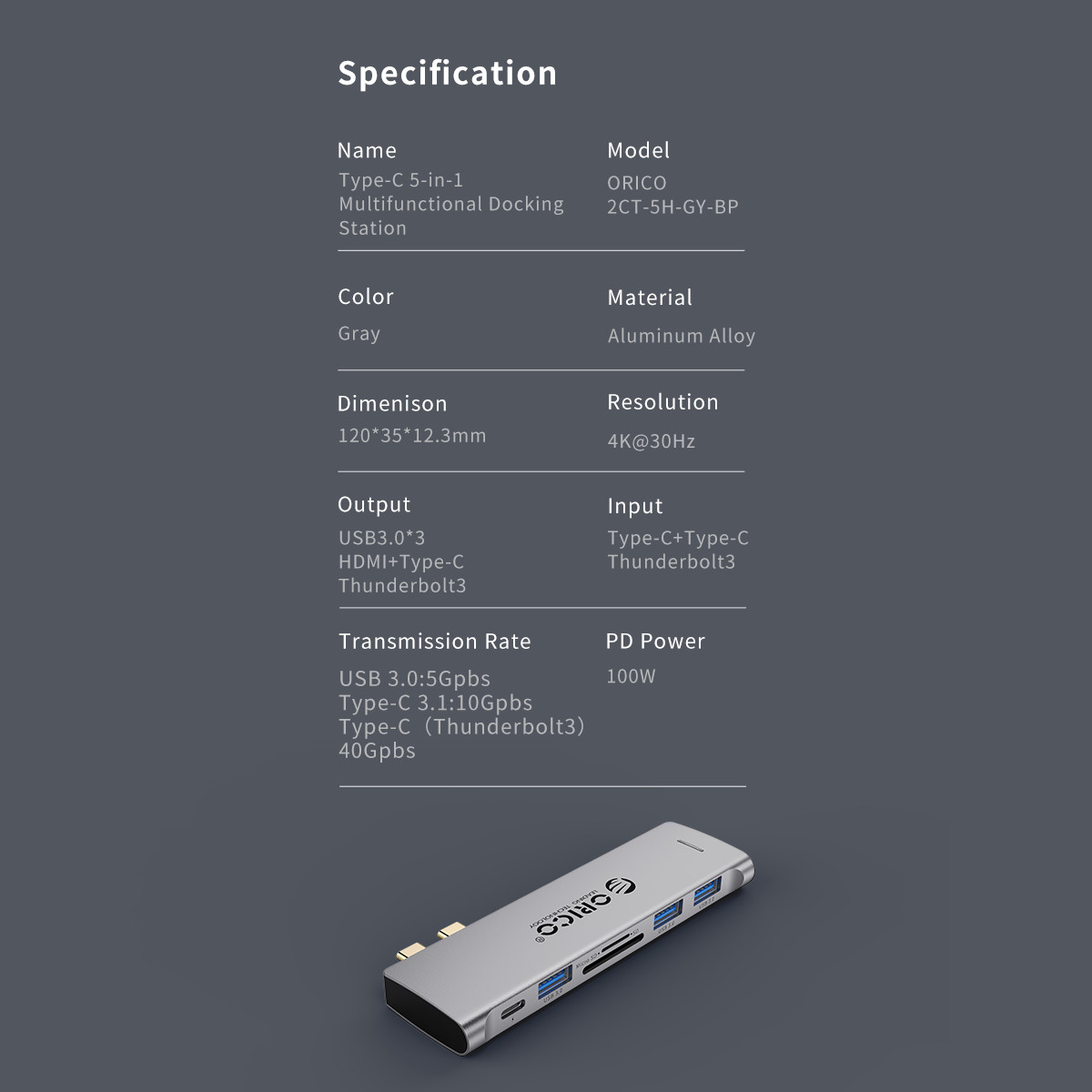 Hub chuyển đổi USB Type-C 5 trong 1 dành cho Macbook/Laptop ORICO 2CT-5H-GY1 Hàng Chính Hãng