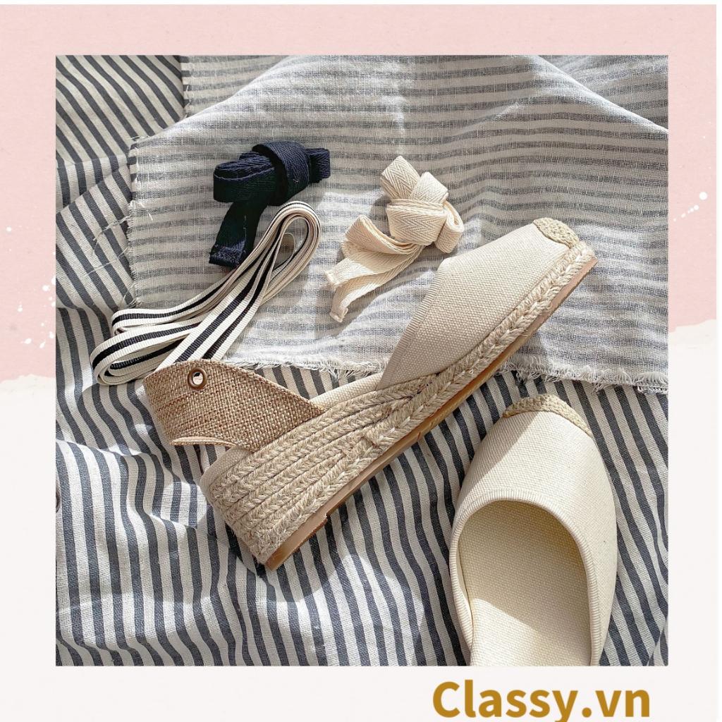 Giày cói Classy đế xuồng đế cói cao 8 CM buộc nơ, đi dạo phố, đi biển