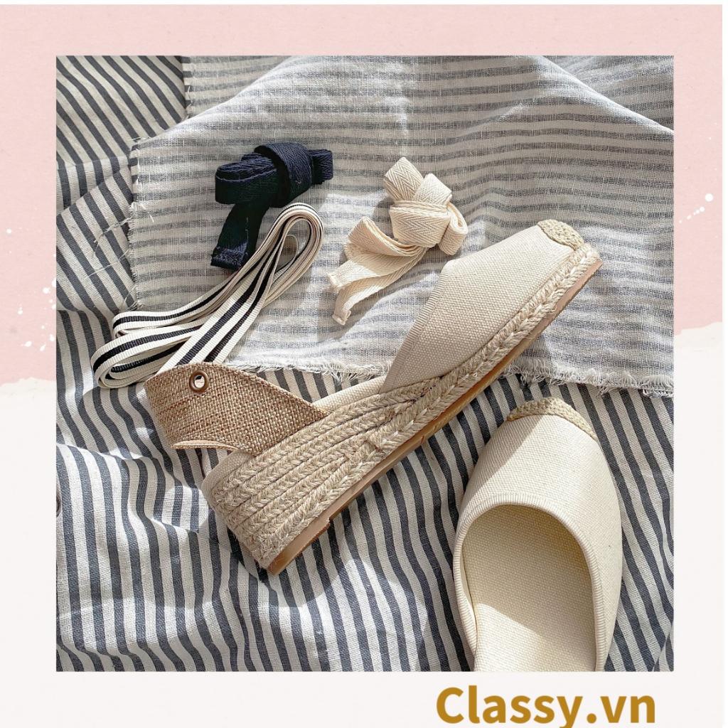 Giày cói Classy đế xuồng đế cói cao 8 CM buộc nơ, đi dạo phố, đi biển [G421] - ĐEN