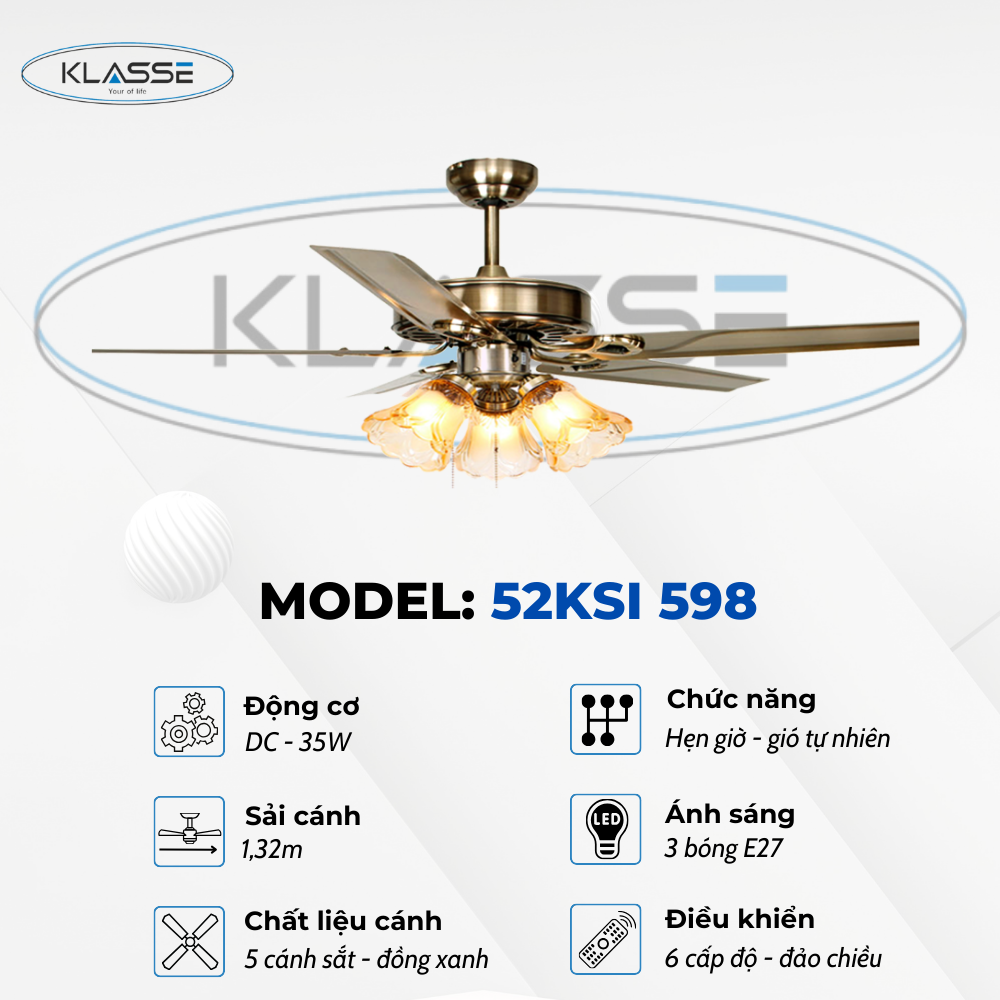 Quạt trần chùm đèn Klasse 52KSI 598 Hàng chính hãng