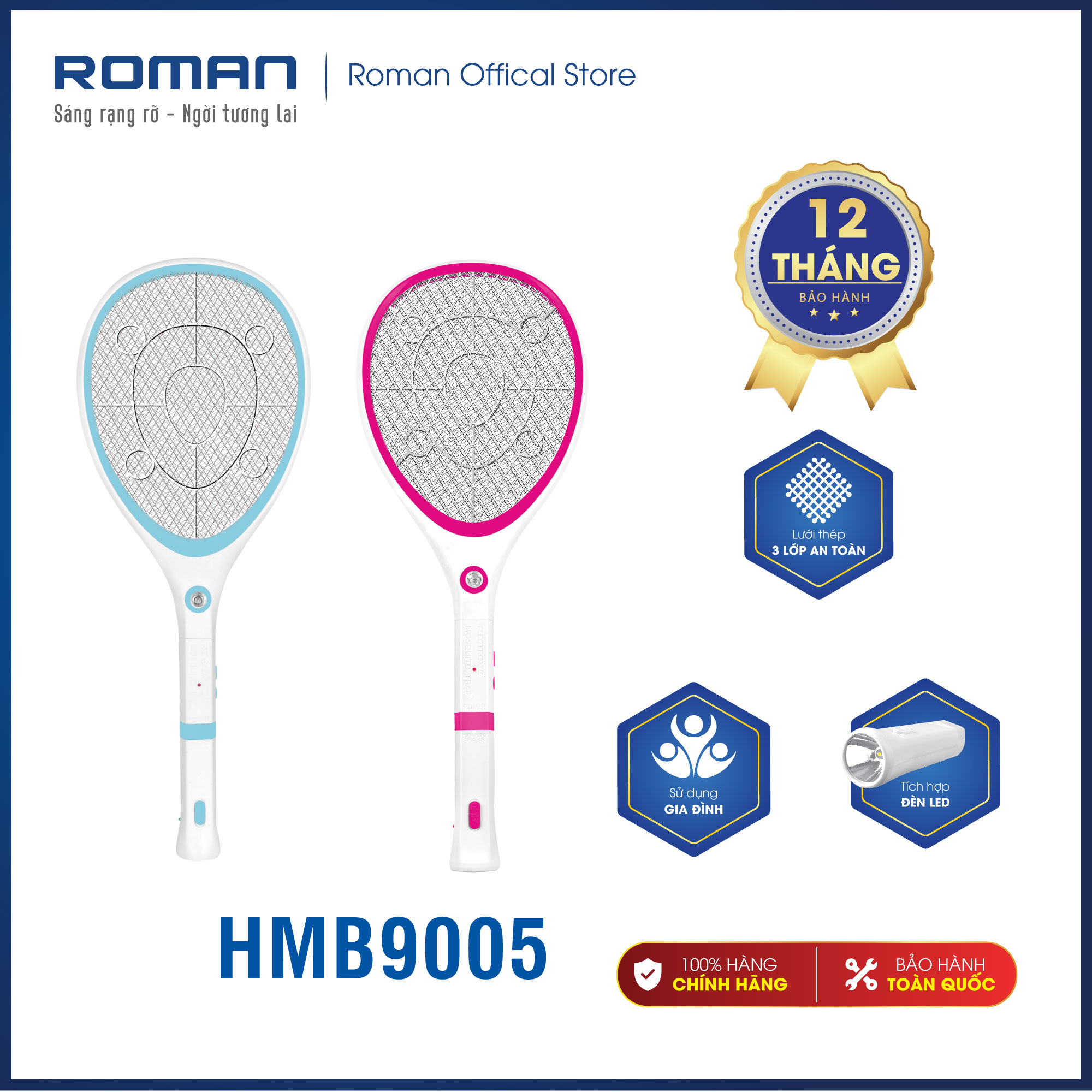Vợt bắt muỗi Roman HMB9005 chính hãng + Diệt muỗi và côn trùng hiệu quả cao + Thân thiện với môi trường + có 2 màu xanh, hồng bắt mắt