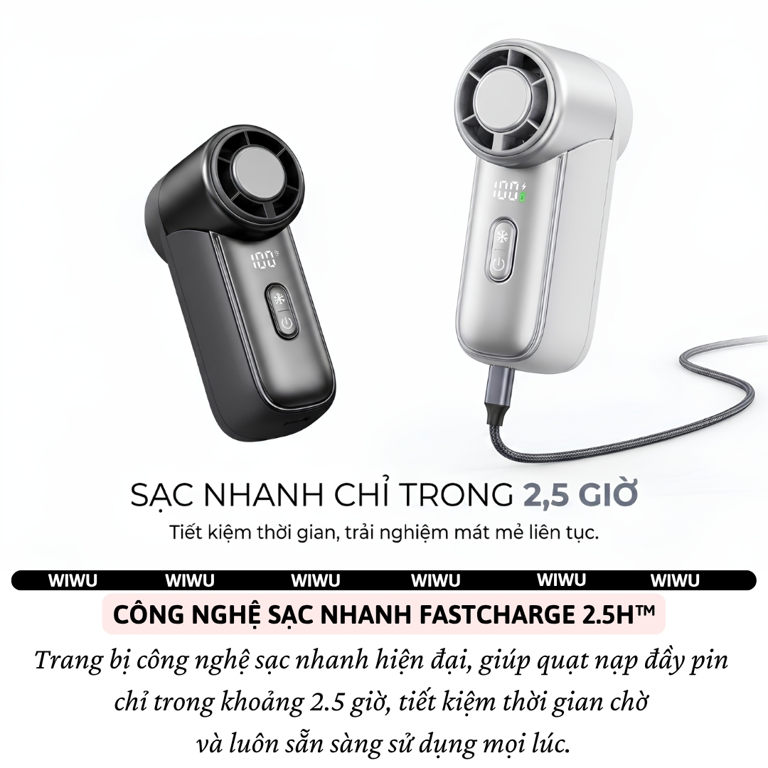 Quạt Cầm Tay Sò Lạnh TurboForce siêu tốc 5 Cấp Độ Gió, Peltier Làm Mát, Pin 3000mAh, Màn Hình LED WIWU FS-018 Pin sạc - Làm mát tức thì – Gió siêu mạnh – Nhỏ gọn tiện mang theo - Hàng nhập khẩu