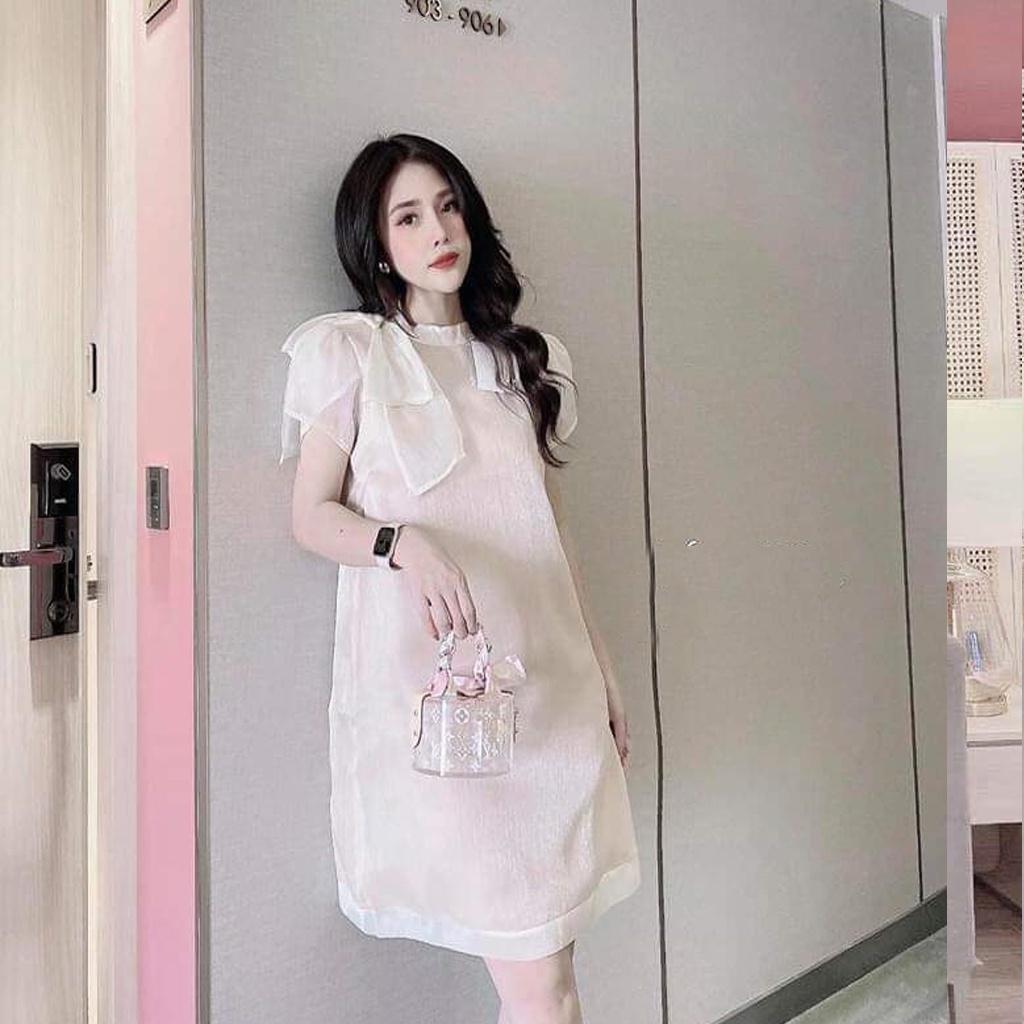 Đầm bầu ngắn tay 1 nơ vai M175 vải lụa tơ hai lớp thời trang thiết kế Mom and Baby