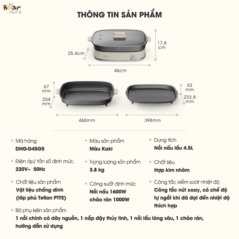 Nồi Lẩu Đa Năng Bear 4,5L 6 Chức Năng Nấu Tiết Kiệm Điện Chống Dính Cao Cấp Chiên Nướng Lẩu Nấu Hầm Ninh SB-NL45K HÀNG CHÍNH HÃNG