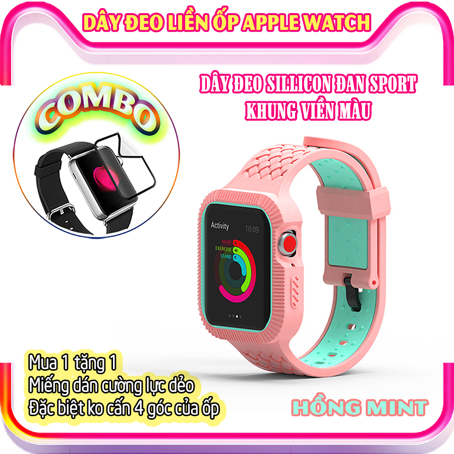 Dây Đeo liền ốp cho dành Apple Watch 7/6/5/4/3/2/1 size 38/40/41/42/44/45mm Đan Sport silicon khung viền màu - nhiều màu (tặng cường lực dẻo theo size)