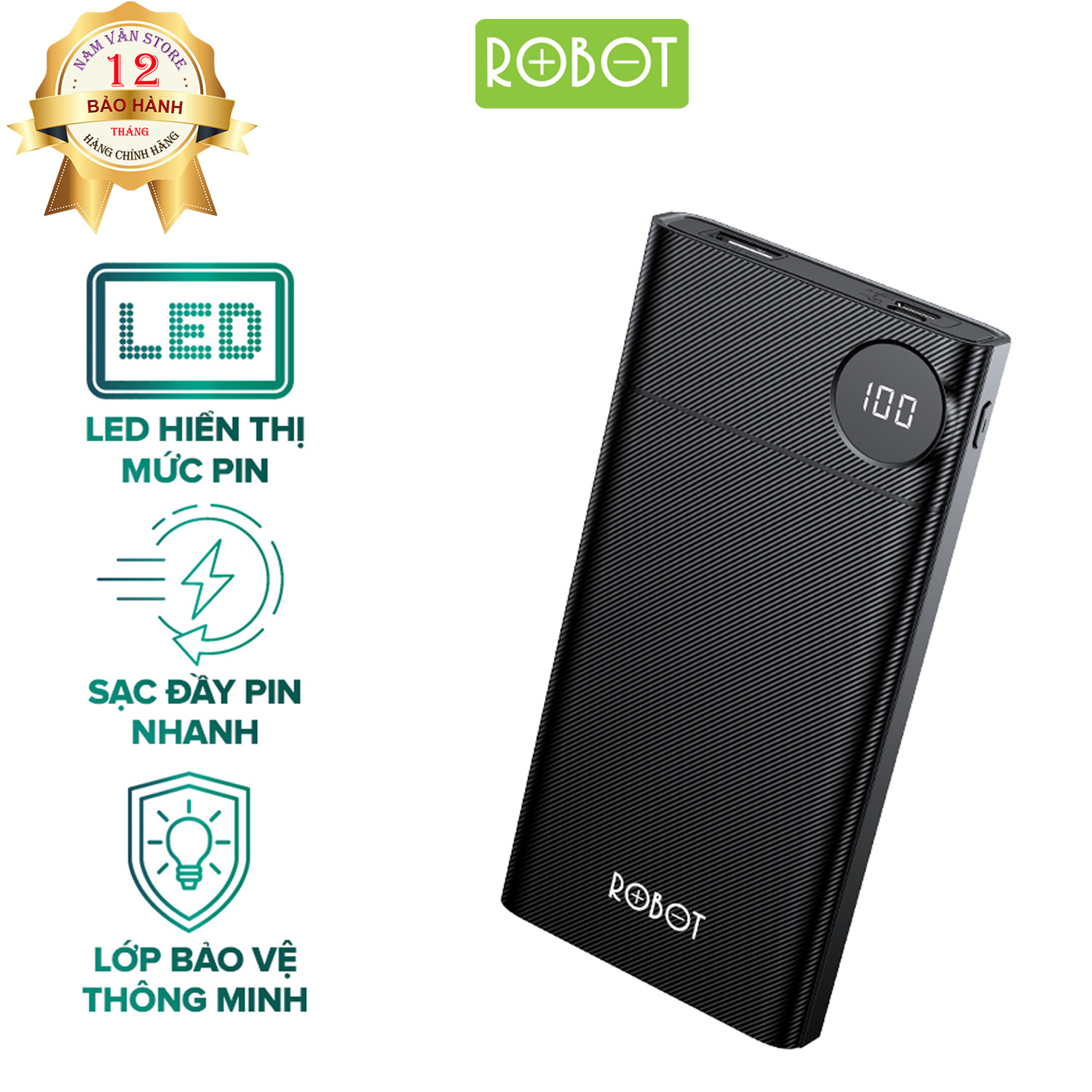 Pin Sạc Dự Phòng ROBOT RT190 10.000mAh - 2 Cổng Vào Micro, Type-C Và 1 Cổng Ra USB - Hàng Chính Hãng