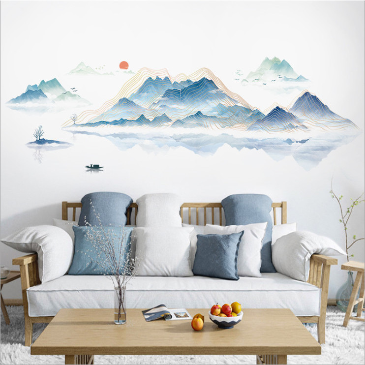 Decal dán tường tranh thủy mặc Sông núi bao la size lớn DKN149