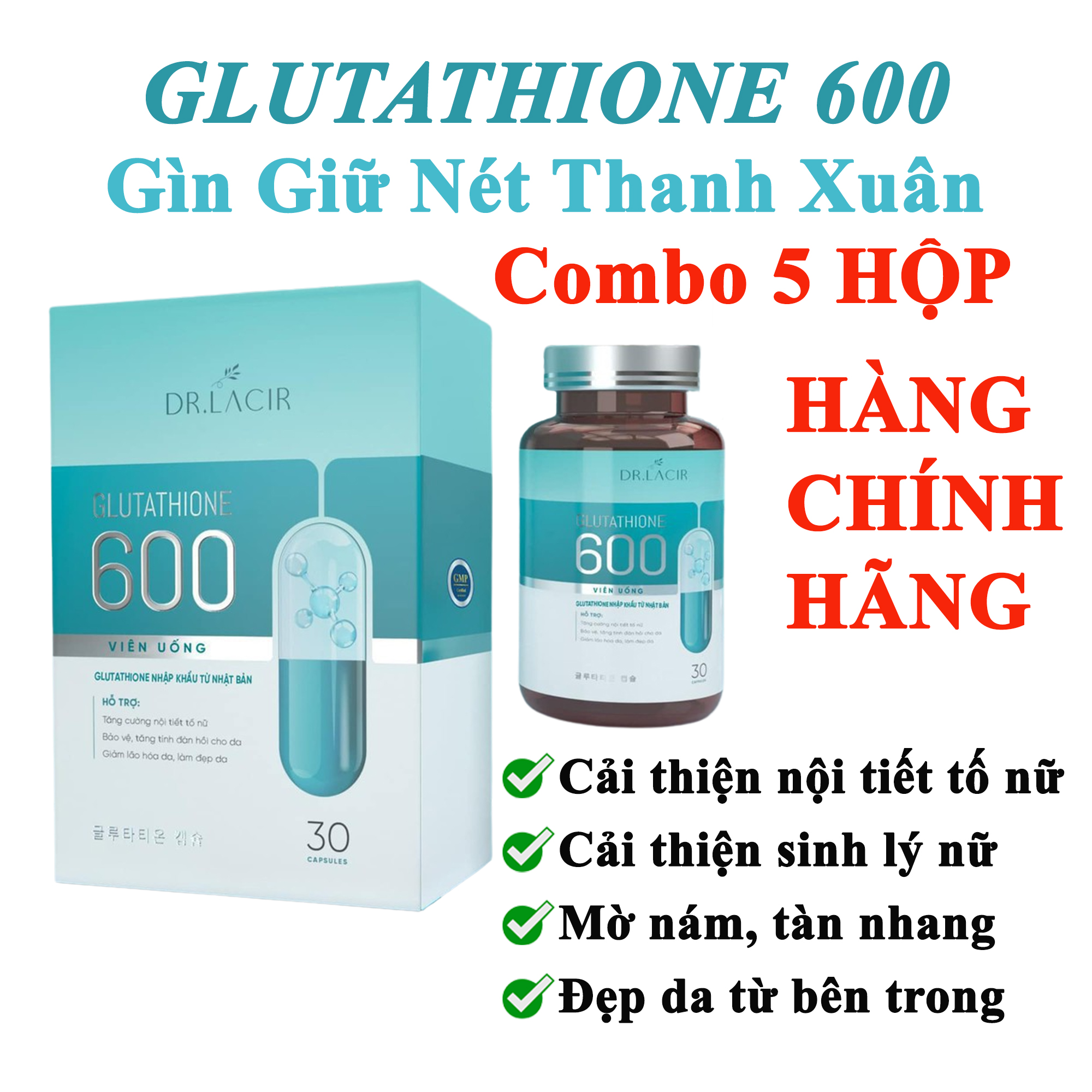 [COMBO 5 HỘP] Viên Uống Glutathione 600 - Viên Uống Nám Trắng Da Glutathione Dr.Lacir [Chính Hãng Dr Lacir]