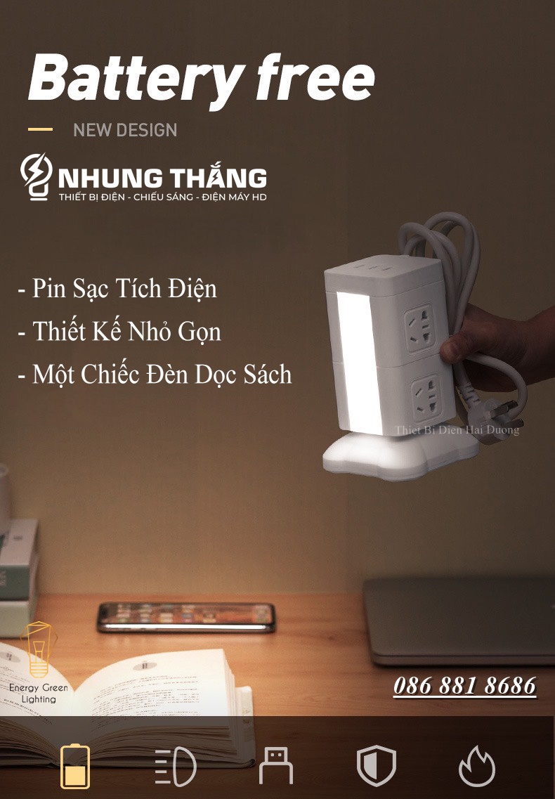 Ổ Cắm Điện Đứng JZB-A2,3,4 - Tích Hợp Đèn Chiếu Sáng - 3 Mức Sáng - Pin Sạc Tích Điện - Tặng Kèm Phích Cắm Chuyển Đổi - Có Video