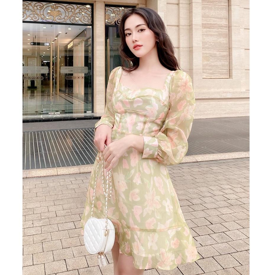 RECHIC Đầm Ngắn Vience họa tiết hoa cổ vuông tay dài cột dây lưng thời thượng xinh xắn