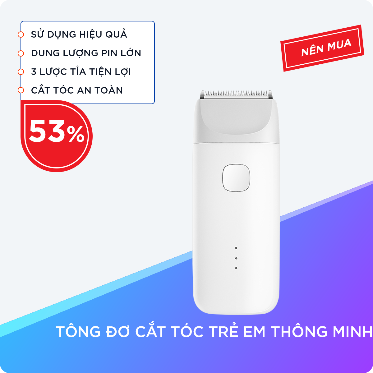 Tông Dơ Cắt Tóc Cho Bé Chuẩn Kháng Nước IPX7 Pin Dung Lượng Cao, Thời Gian Sạc 90 Phút, Thời Gian Sử Dụng 2 Tiếng, Đi kèm 3 Lược Tỉa Có Kích Thước Khác Nhau từ 1 – 12mm