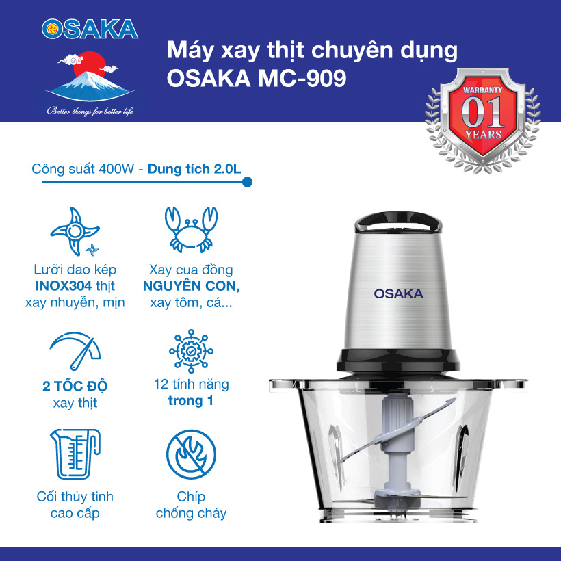 Máy xay thịt cao cấp đa năng MC-909 dung tích 2.0 lít, công suất mạnh - Hàng chính hãng