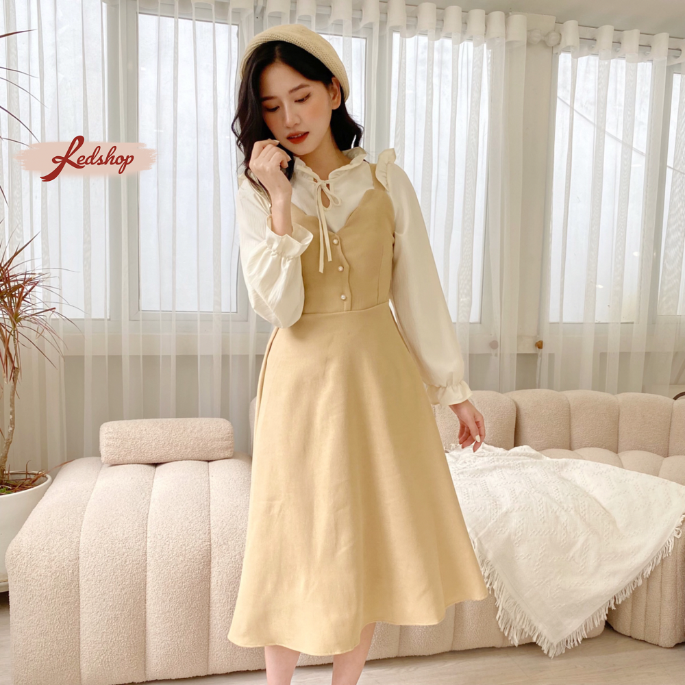 Set váy yếm dài cổ bèo tiểu thư phong cách Hàn Quốc Red Shop 29982