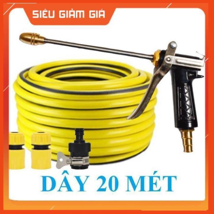 Bộ dây vòi xịt nước rửa xe, tưới cây . tăng áp 3 lần, loại 20m 206318 đầu đồng, cút, nối đen