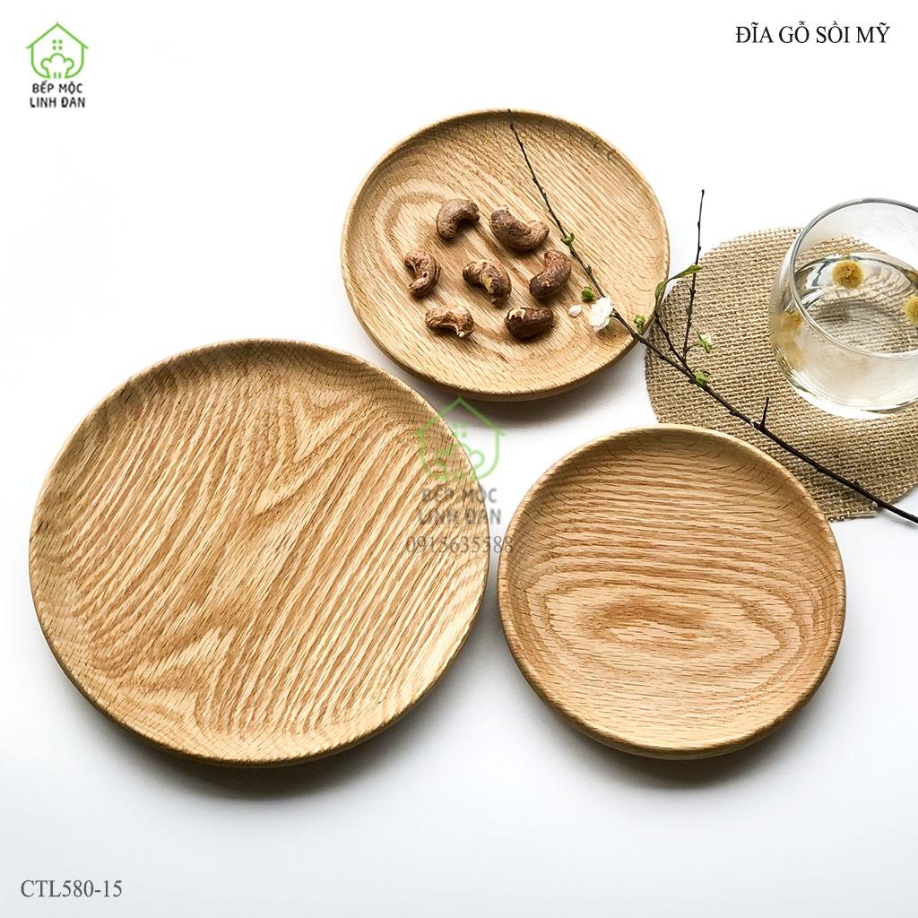 Đĩa tròn gỗ sồi Mỹ đựng thức ăn, hoa quả, decor_Vân gỗ đẹp, siêu sạch