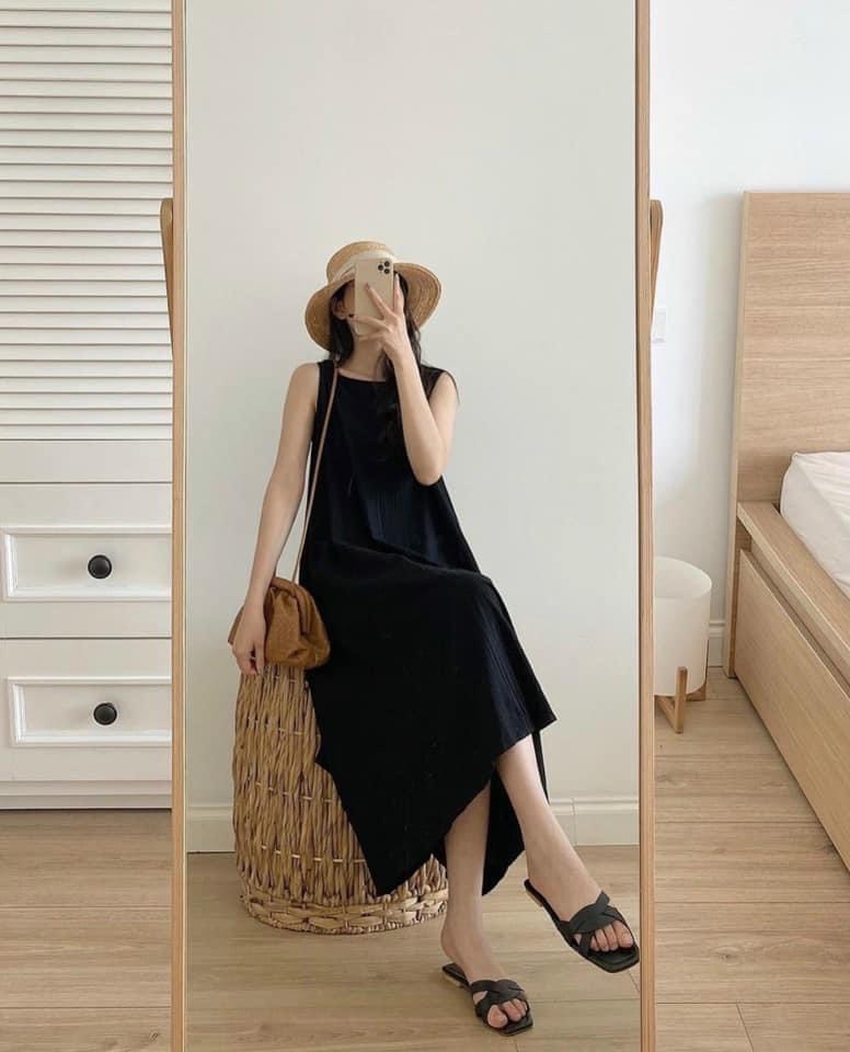 Váy suông nữ ,đầm suông nữ sát nách dáng dài chất đũi 3 màu xinh xắn