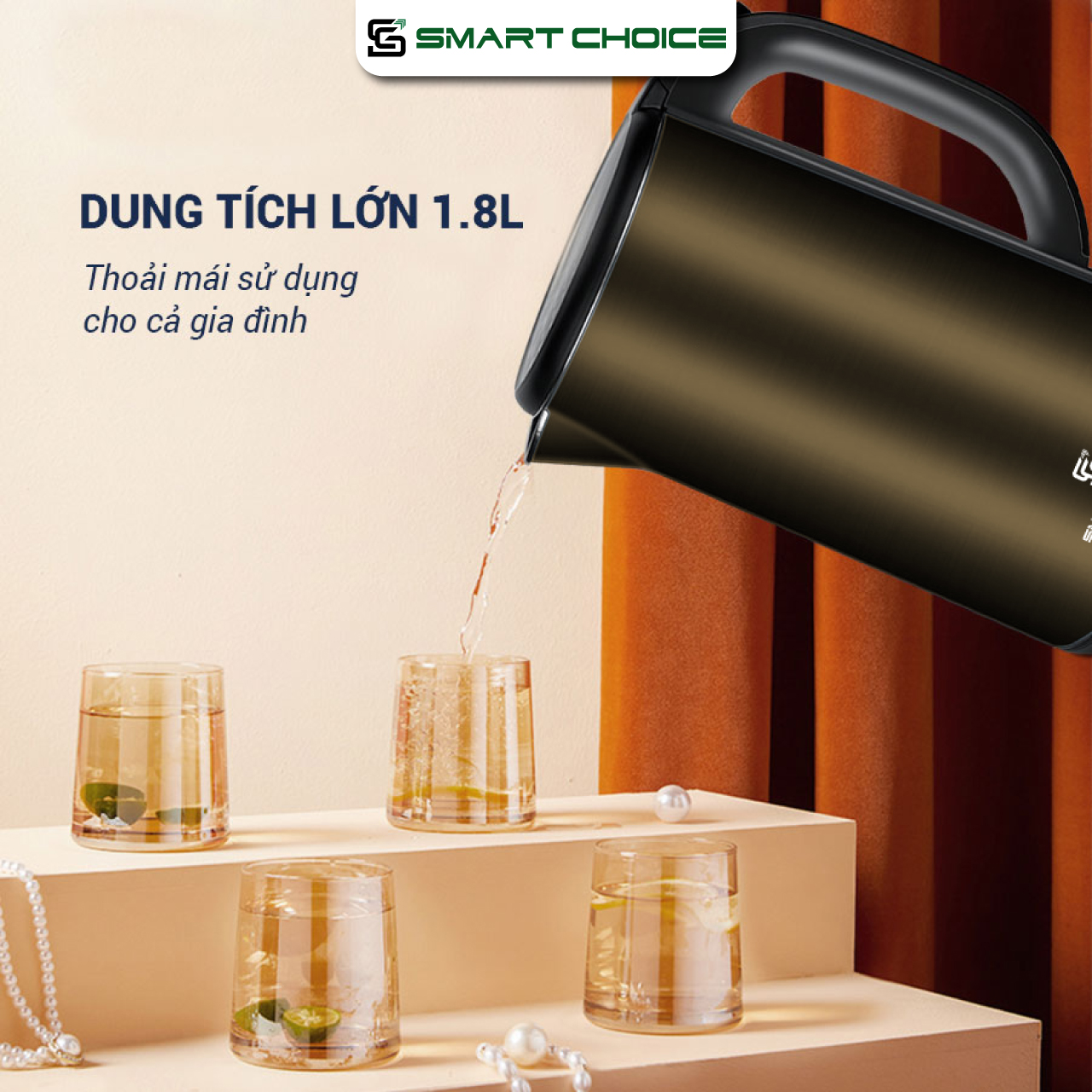 Ấm Siêu Tốc Điện SMARTCHOICE SCG-K005 1.8L 1800W, 3 Lớp Cách Nhiệt, Sôi Nhanh BH 18 Tháng Hàng Chính Hãng