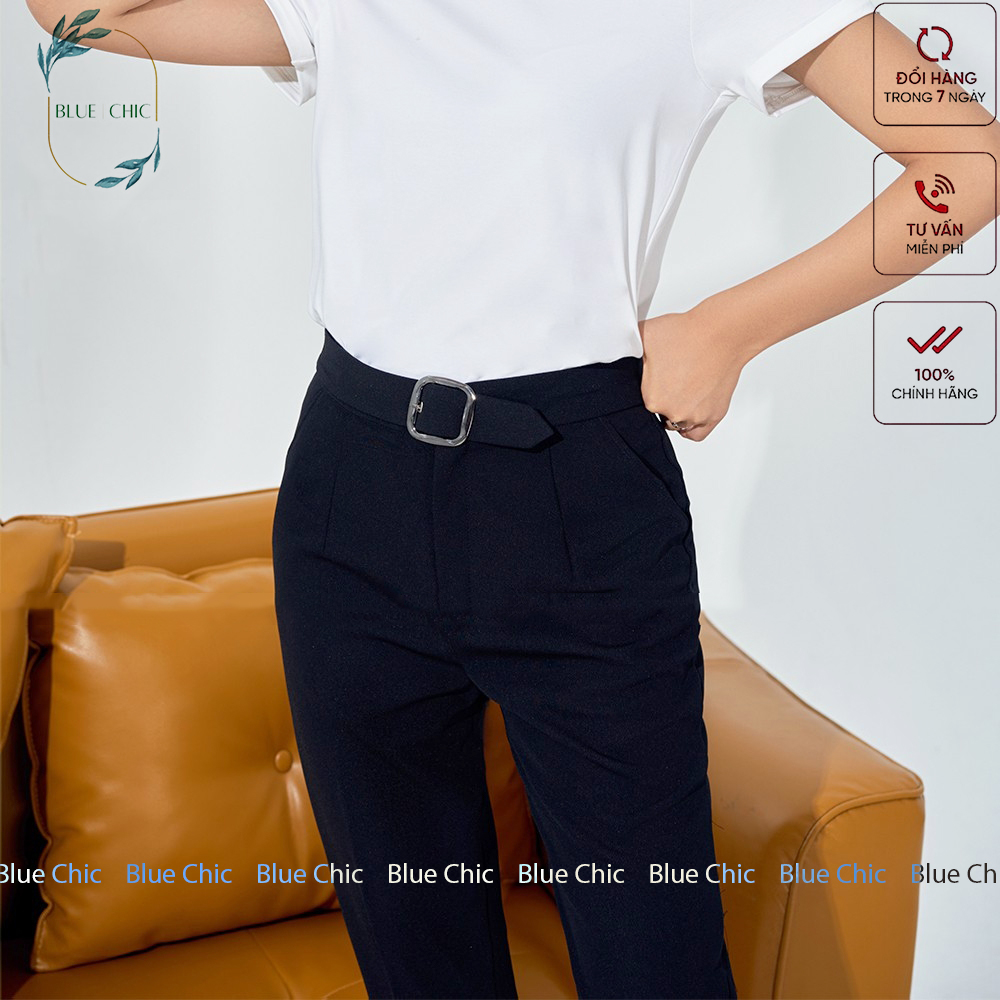 Quần baggy nữ Blue Chic cạp cao vải Vitek cao cấp đồ công sở đai ô vuông form dáng đẹp màu đen