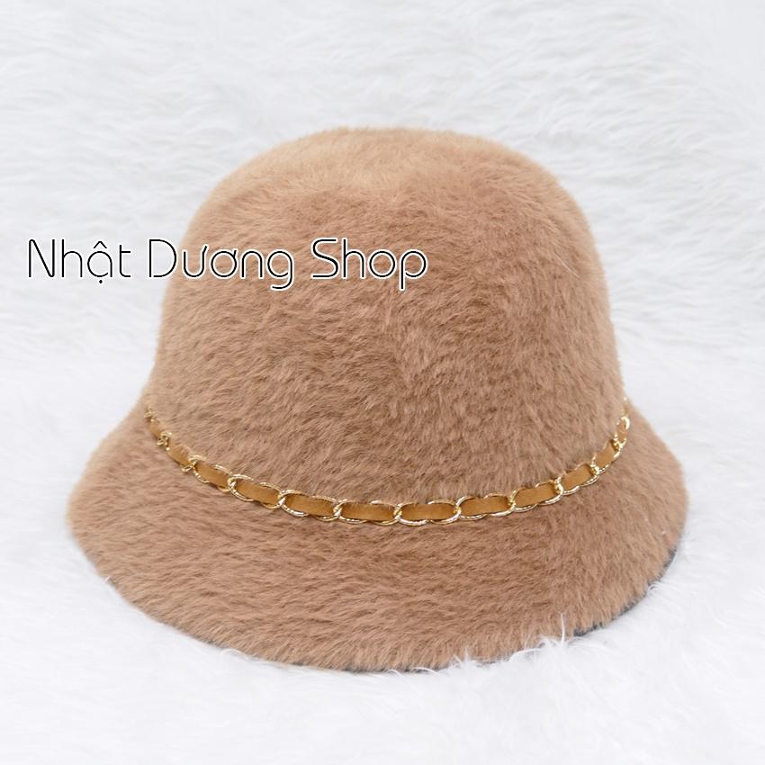 Nón bo cụp lông thỏ mũ bucket vành nhỏ hàng quảng châu gắn dây xích xung quanh, vành rộng 5cm, phía trong có 2 dây rút