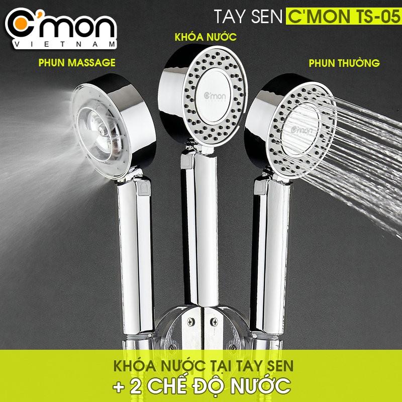 Bộ vòi sen tắm 2 chế độ, phun tia từ cả 2 mặt sen C'mon TS-05 + dây sen + đế cài sen