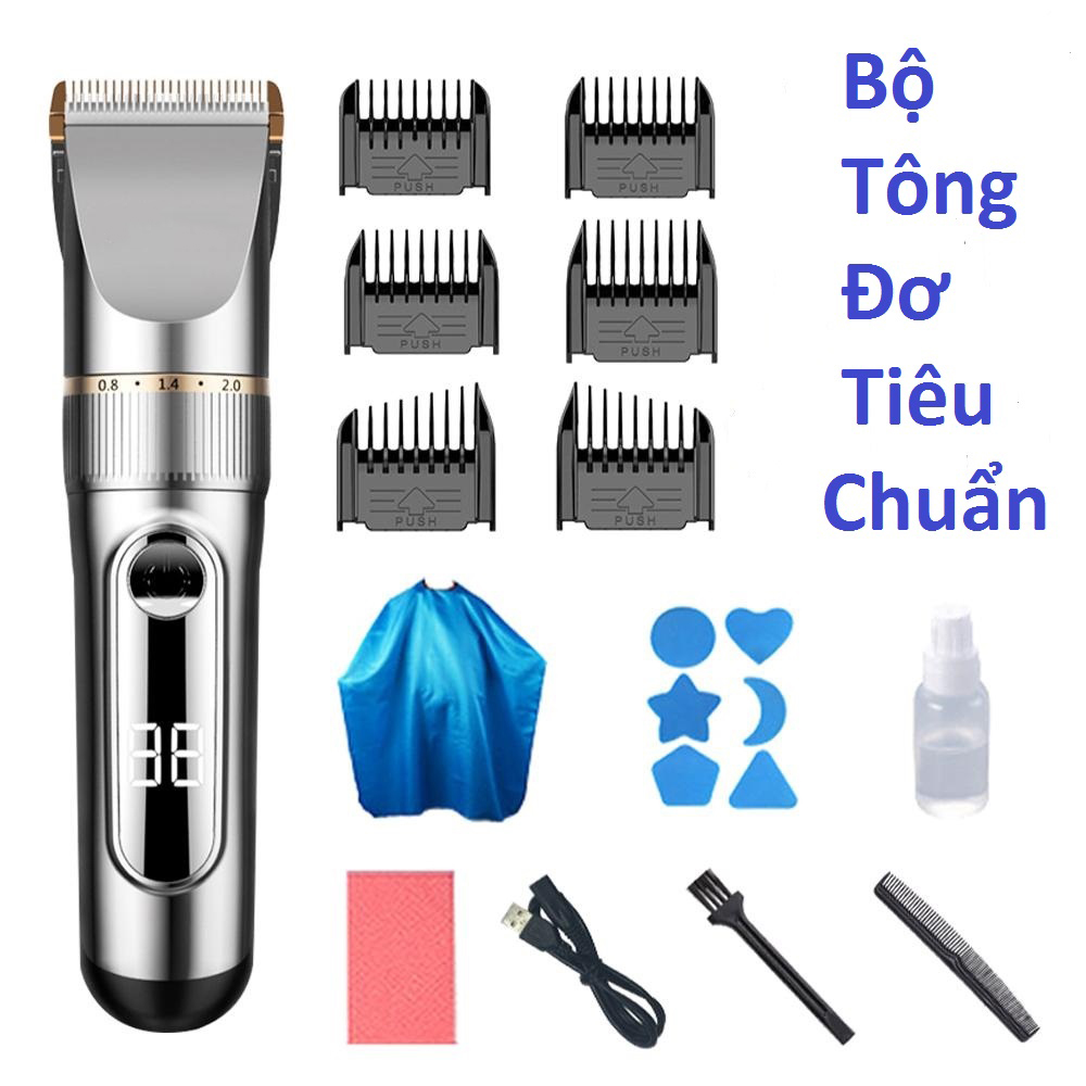 Tông Đơ Cắt Tóc Cao Cấp Màn Hình Hiện Thị Pin, Lưỡi Sứ,Pin Trâu 2000 mAh.Chống Nước,Tặng Kèm Áo và Lược Cắt Tóc + 2 Kéo Cắt Tỉa Tóc FULLBOX