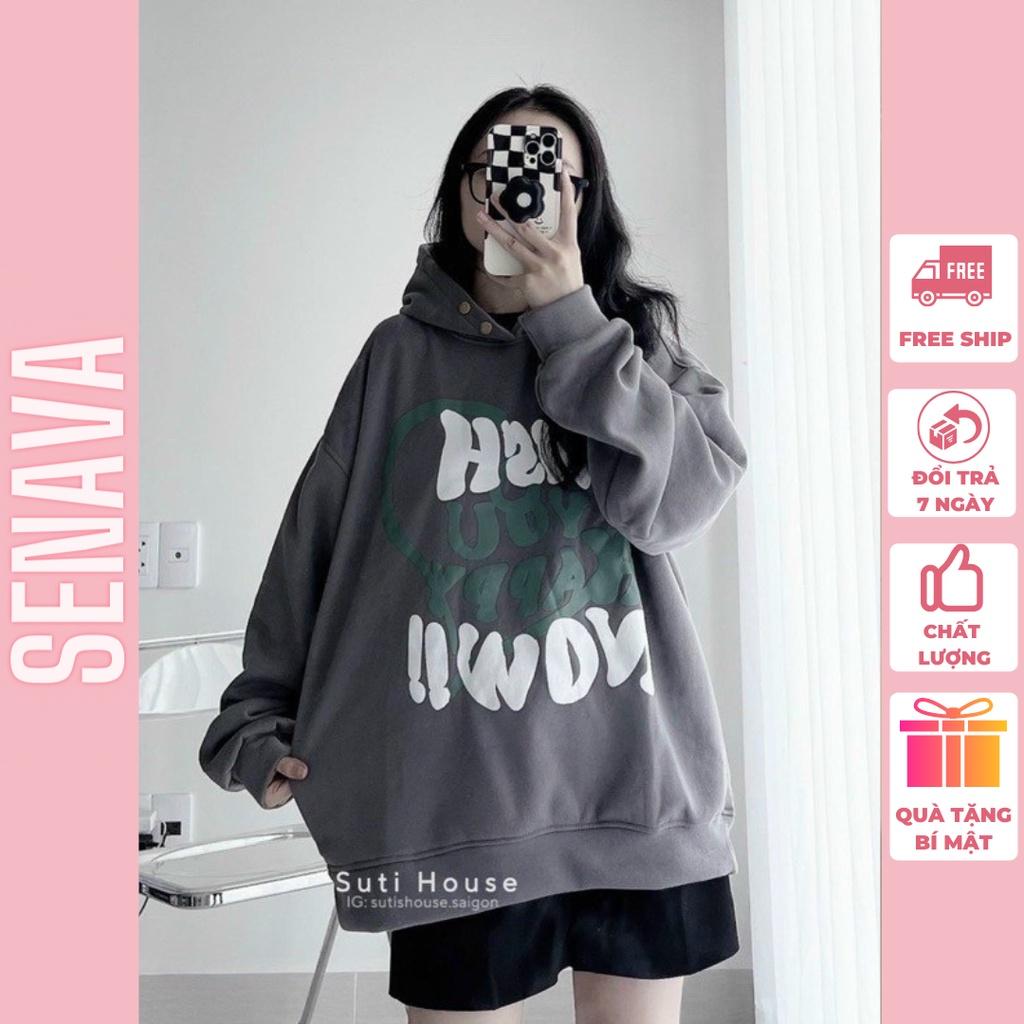 Áo hoodie nữ Oversize Logo In form rộng kiểu dáng basic