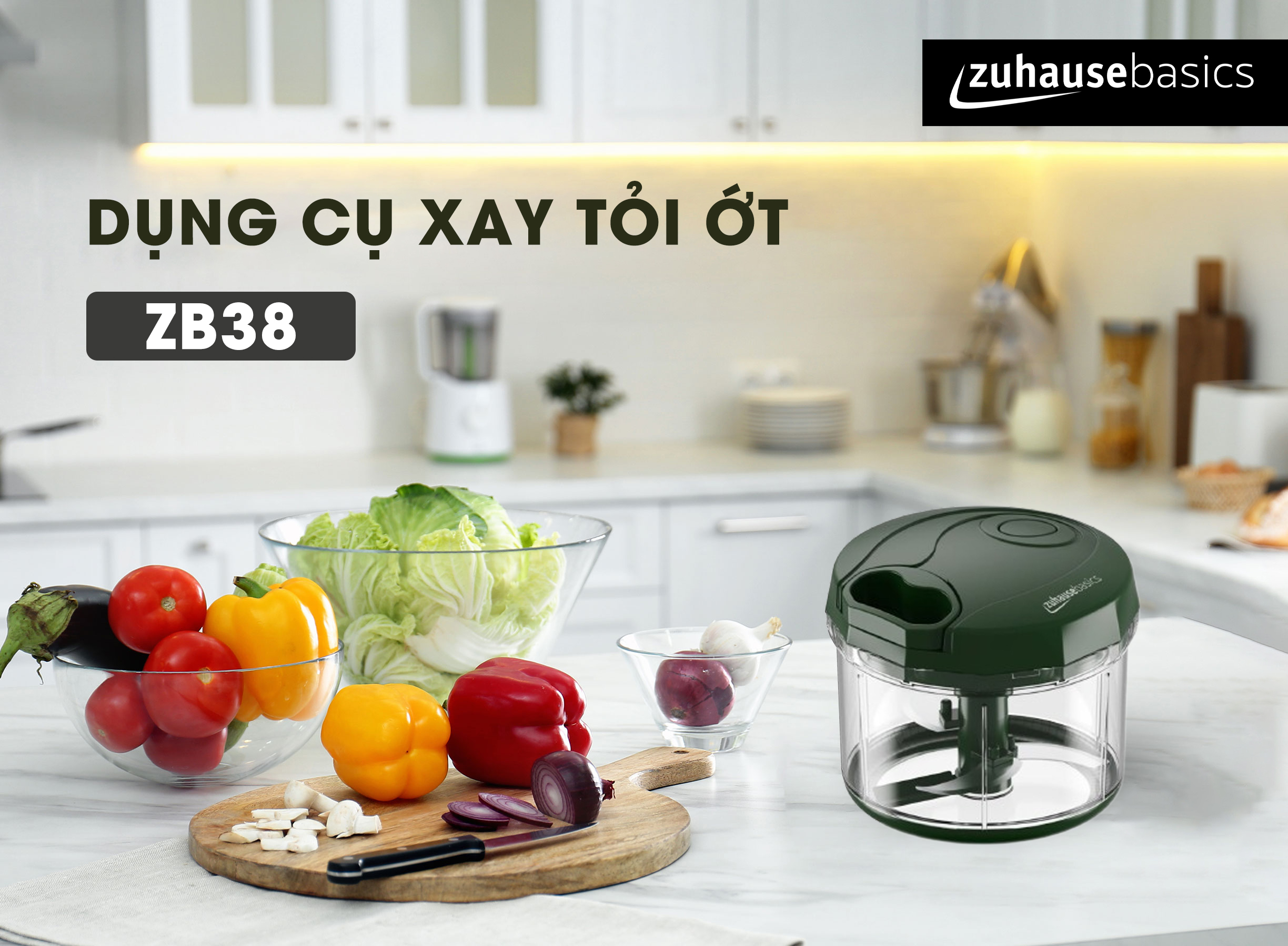 Dụng cụ xay tỏi ớt, thực phẩm Zuhausebasics ZB38 lưỡi xay bén,dây rút tiện lợi - hàng chính hãng