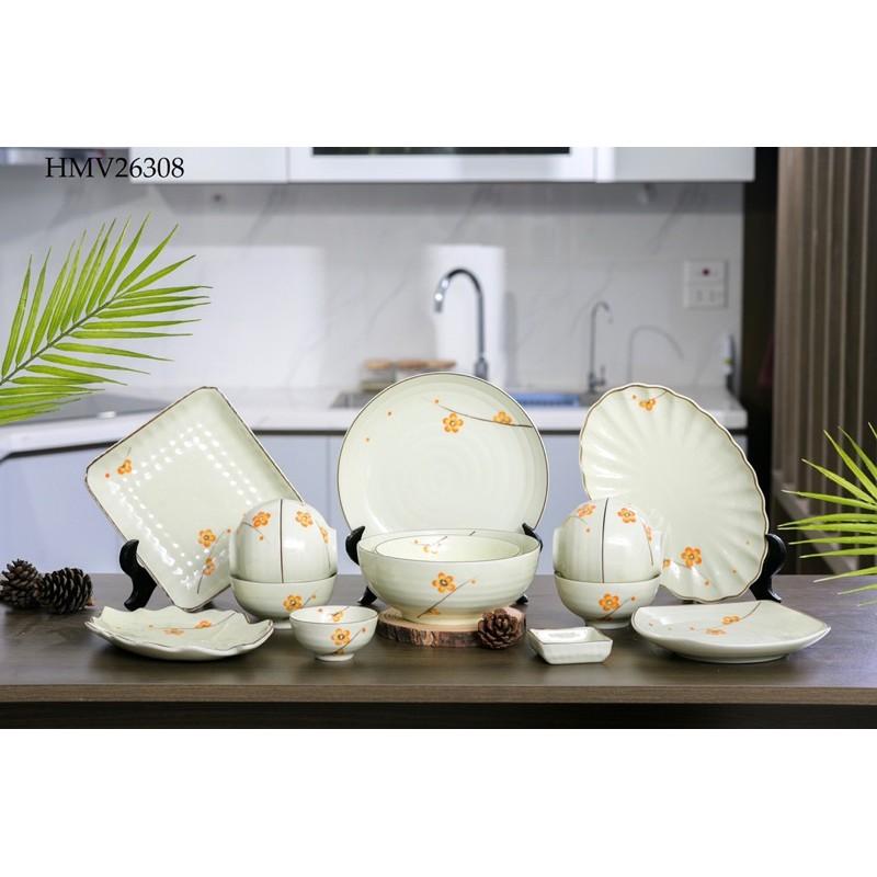 Set Bộ đồ ăn Bát Tràng men kem, họa tiết vẽ thủ công.