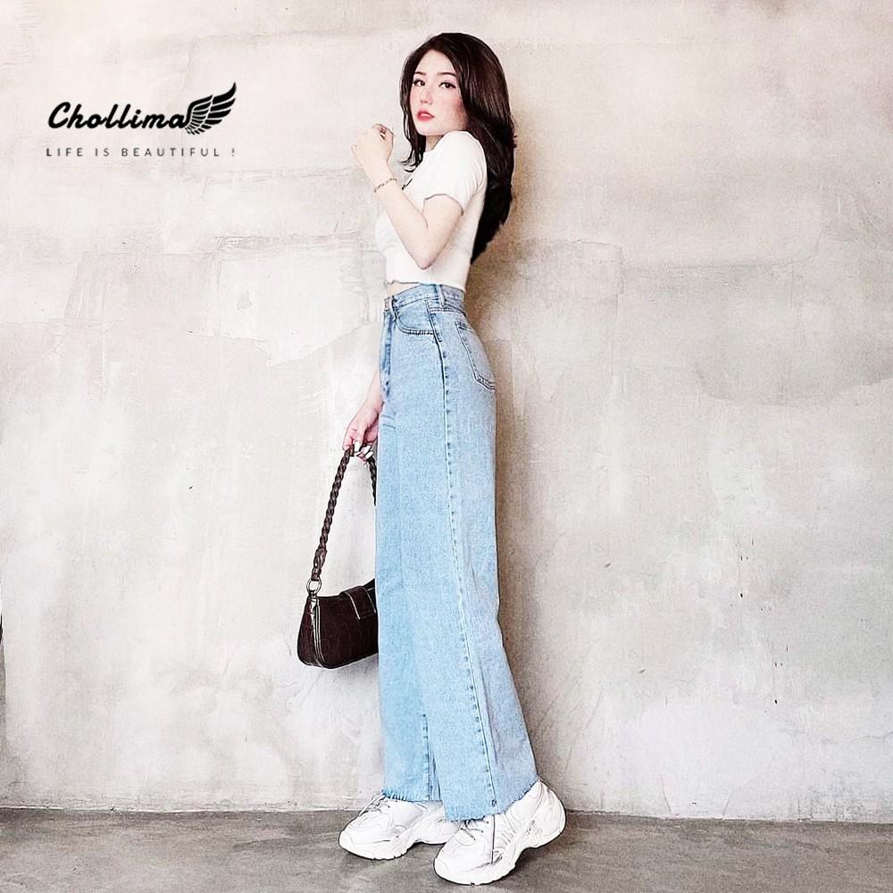 Quần baggy jeans nữ Chollima ống rộng SIMPLE JEAN tua lai dài 101cm QD040