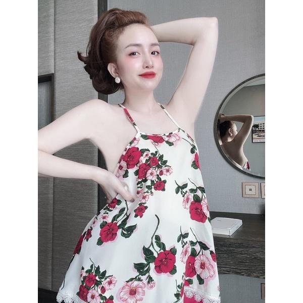 Đồ Ngủ bigsize Sexy Nữ, Bộ Ngủ Lụa 2 Dây Nữ, áo kiểu yếm mango viền ren + quần satin, freesize 40_70kg, tuỳ chiều cao