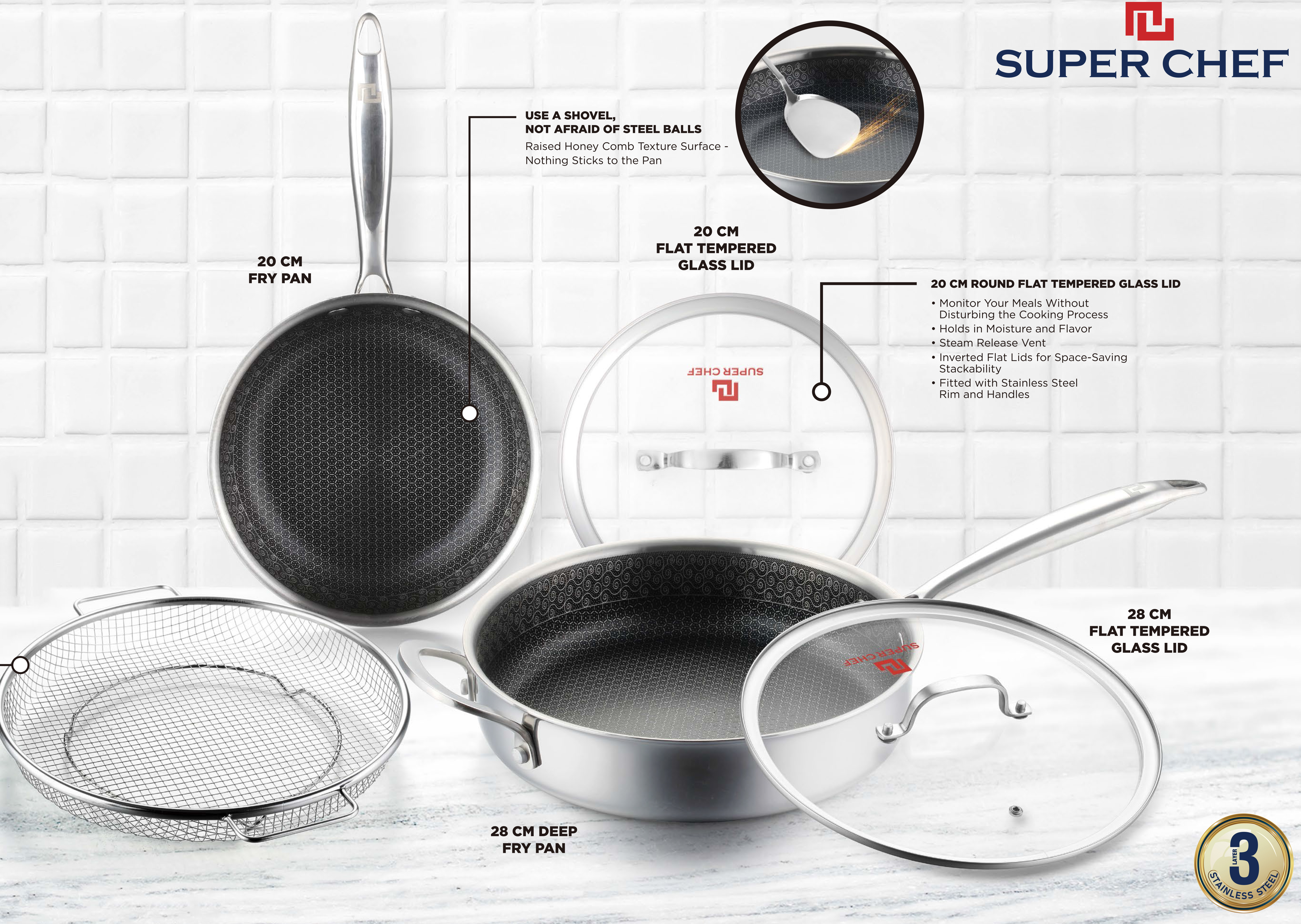 Bộ Chảo Đa Năng Super Chef-Titan 3 Lớp 5 Món Siêu Bền, Không Gỉ, Không Trầy Xước