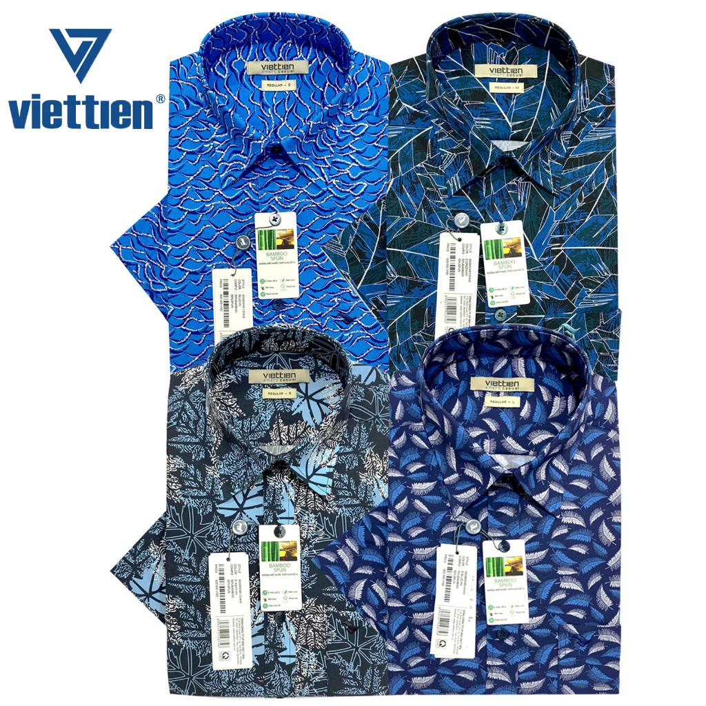 Việt Tiến - Áo sơ mi nam ngắn tay xẻ tà lai ngang Bamboo Regular hoạ tiết hoa lá 6S0693 - Blue