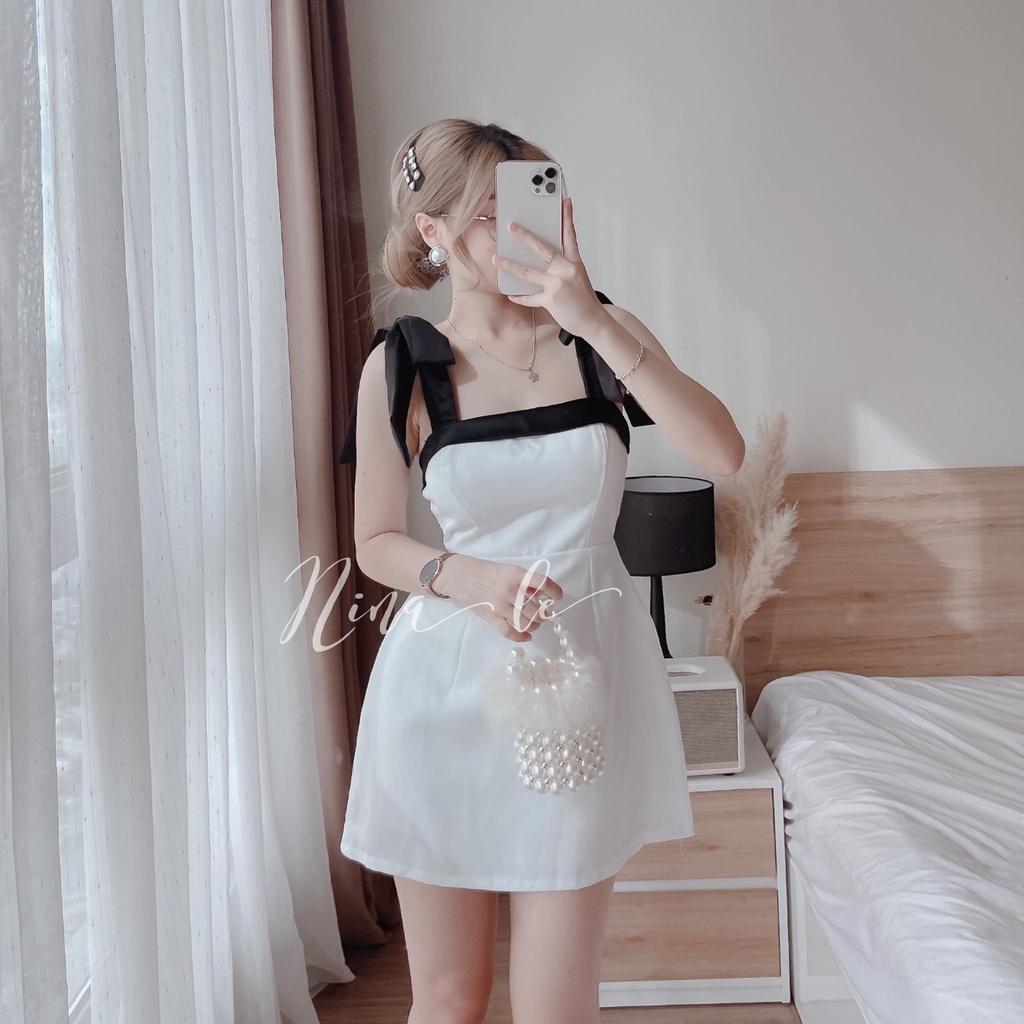 Đầm nữ cổ vuông hai dây nơ vai , màu sắc xinh xắn cho nàng dạo phố, dự tiệc