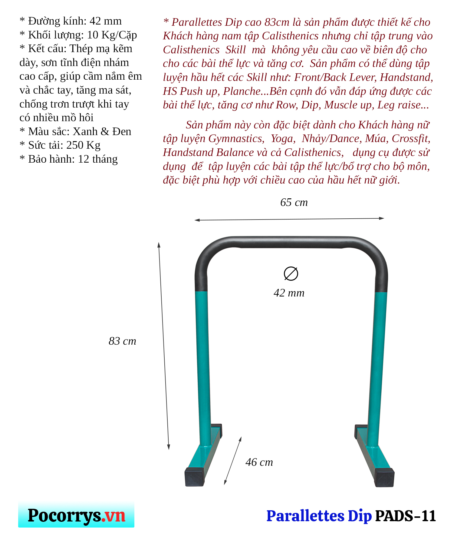 Xà kép Parallettes Dip Bars cao 83cm, Pocorrys PADS-11, Màu đen chân xanh ngọc