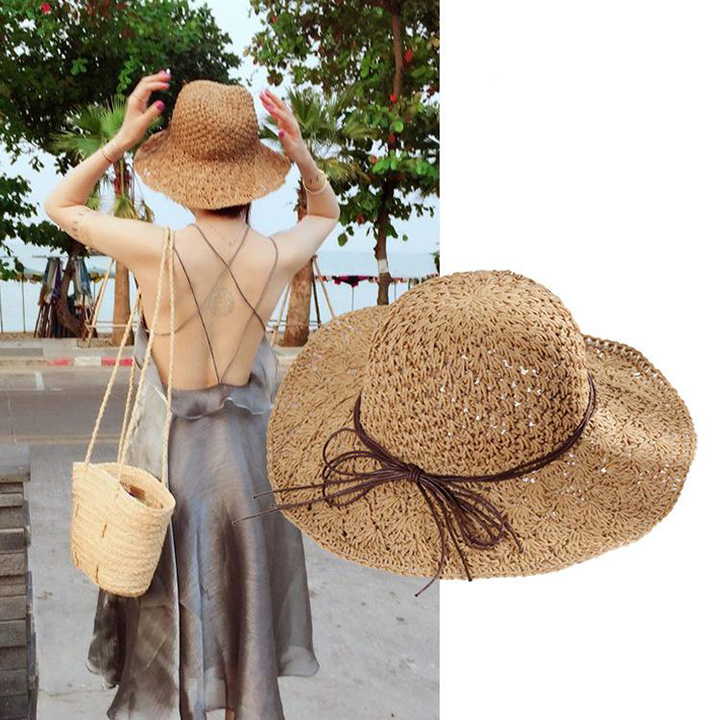 Mũ móc len chất liệu cói style Hàn Quốc thiết kế thanh lịch thích hợp khi đi chơi che nắng