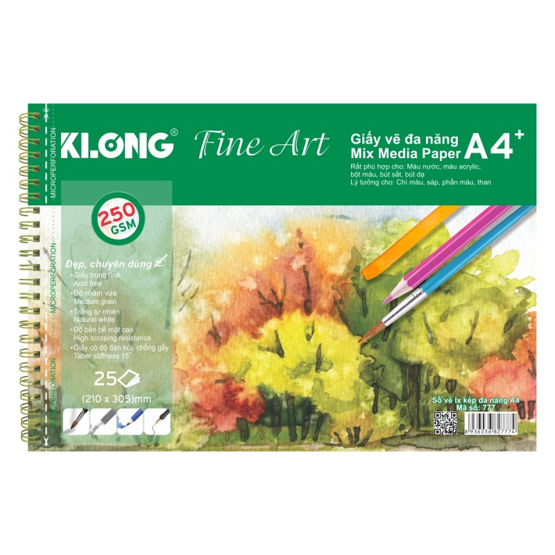 Sổ vẽ KLONG A4+ cao cấp lò xo kép xé 250GSM 25 tờ KL777