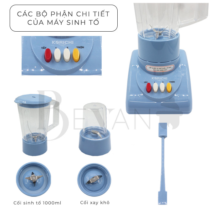 Máy xay sinh tố 2 cối hàng chính hãng Korichi KRC-6202 Bevano Gia Lai, Máy sinh tố không chứa BPA, chân đế chống trượt