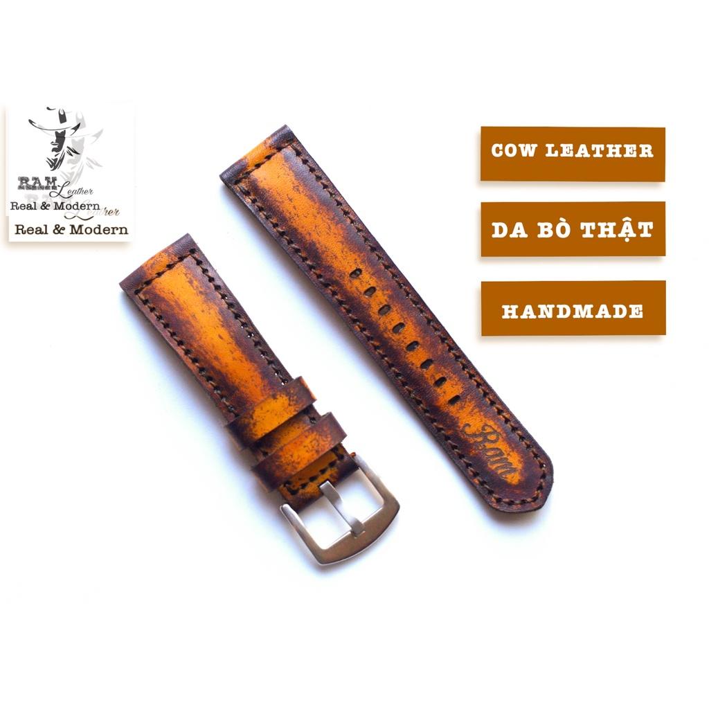 Dây đồng hồ RAM Leather da bò thảo mộc vegtan Ý bền chắc - Ram classic 1970 socola nền vàng